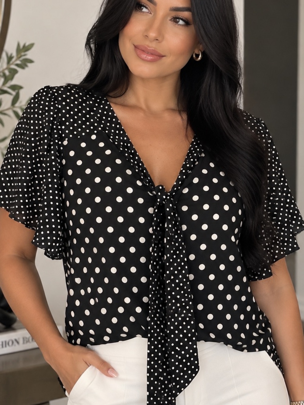 Black & White Polka Dot Tie-Front Blouse